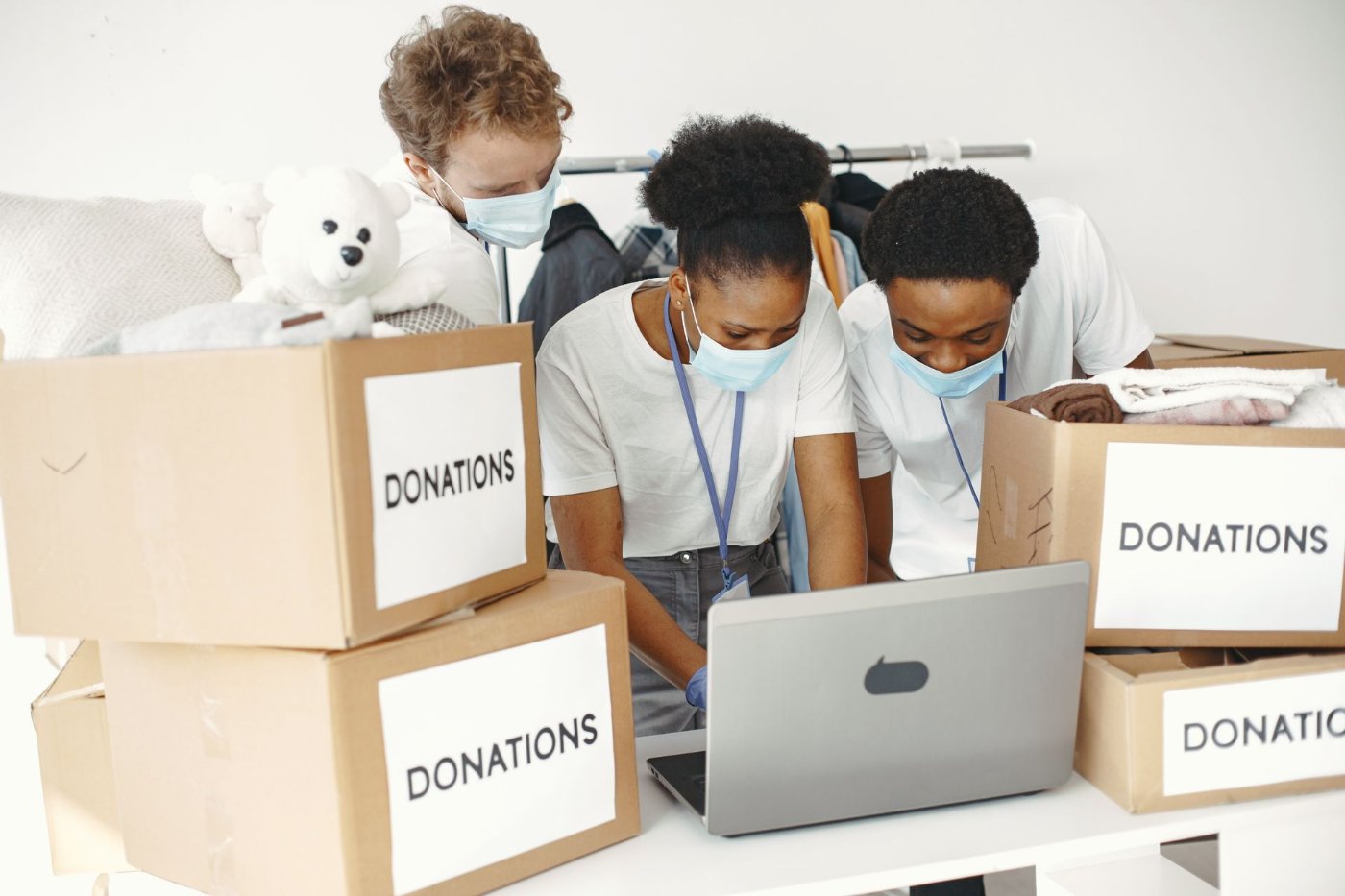 Volunteers packing donation boxes